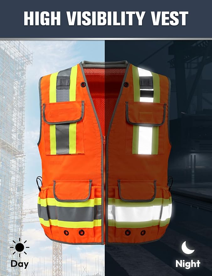 Safety Vest, Hi Vis Vests with Pockets, Class 2 High Visibility Vests,Construction Surveyor Work Vest for Men Women