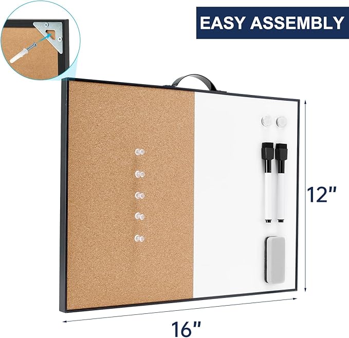 TSJ OFFICE Small Whiteboard Cork-Board - 12" X 16" Portable Aluminum Black Framed Magnetic Dry Erase Board for Wall, Small Bulletin Cork Board with Holder for Office, Home and School
