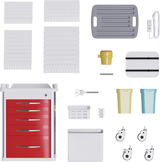 Medical Rolling Crash Cart with Integrated Medical Countertop -CPR Board, IV Pole, O2 Holder, Trash Bin, Silent Casters, Drawers with Dividers, Nursing Cart for Clinic, Hospital, Nursing Center