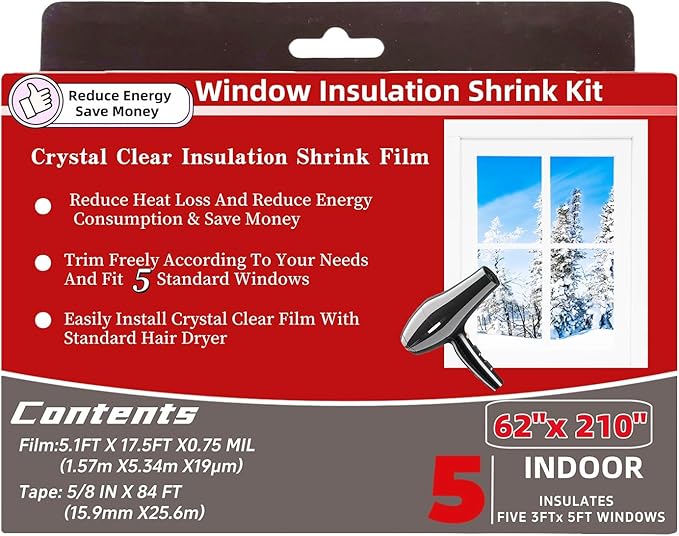 5-Window Shrink Film Window Insulation kit（62-Inch x 210-Inch），Insulating Film Window Kit Keeps Cold Air Out and Warm Air in (5 Windows)
