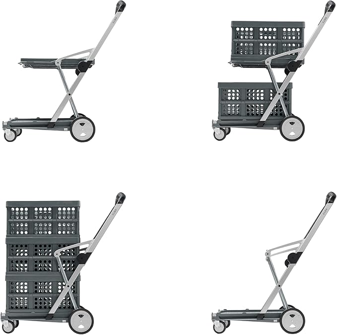 CLAX® The Original | Made in Germany | Multi Use Functional Collapsible Carts | Mobile Folding Trolley | Storage Cart Wagon | Shopping Cart with 2 Storage Crates | Platform Truck (Light Grey)