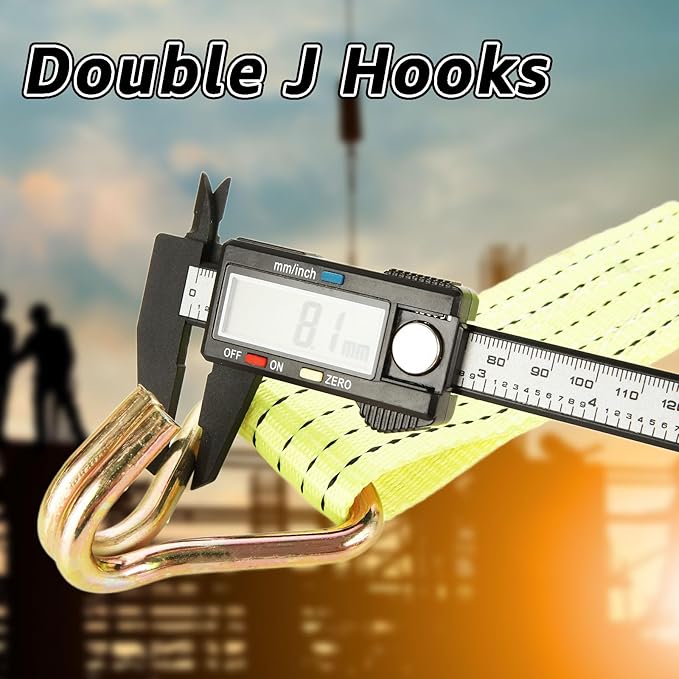HNBun 2 Pack Ratchet Tie Down Straps, 2" x 33ft, 10,000 lbs Break Strength, Heavy Duty Cargo Lashing Straps with Double J Hooks for Trailer, Truck, and Equipment Hauling, Yellow
