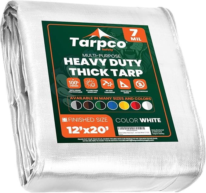 Tarpco Safety Heavy Duty 7 Mil Tarp Cover, Waterproof, UV Resistant, Rip and Tear Proof, Poly Tarpaulin with Reinforced Edges for Roof, Camping, Patio, Pool Cover, Boat (White 12′ X 20′)