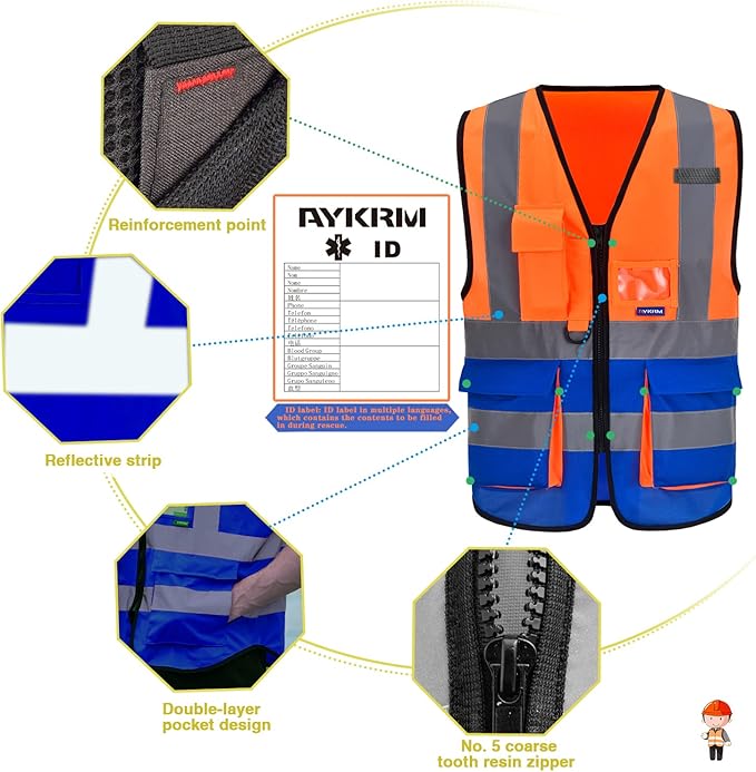 Orange Blue SMALL High Visibility REFLECTIVE Safety Vest with 4 Reflective Strips 7 Pockets