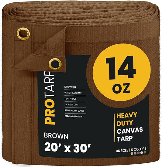 PROTARP Heavy Duty 14 OZ Water Resistant Canvas Tarp, UV Resistant Tarpaulin Cover with Rustproof Brass Grommets, Multipurpose for Canopy, Roof, Camping, Woodpile (Brown 20'X30')