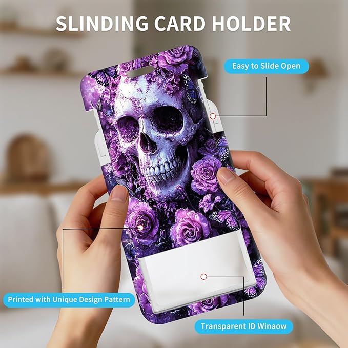 ID Badge Holder with Retractable Lanyard for Women & Men,Vertical ID Card Holder Wallet,Clear Window&Card Slot,Detachable Neck Strap for Nurse Teacher Office,Skull Purple Roses Butterflies
