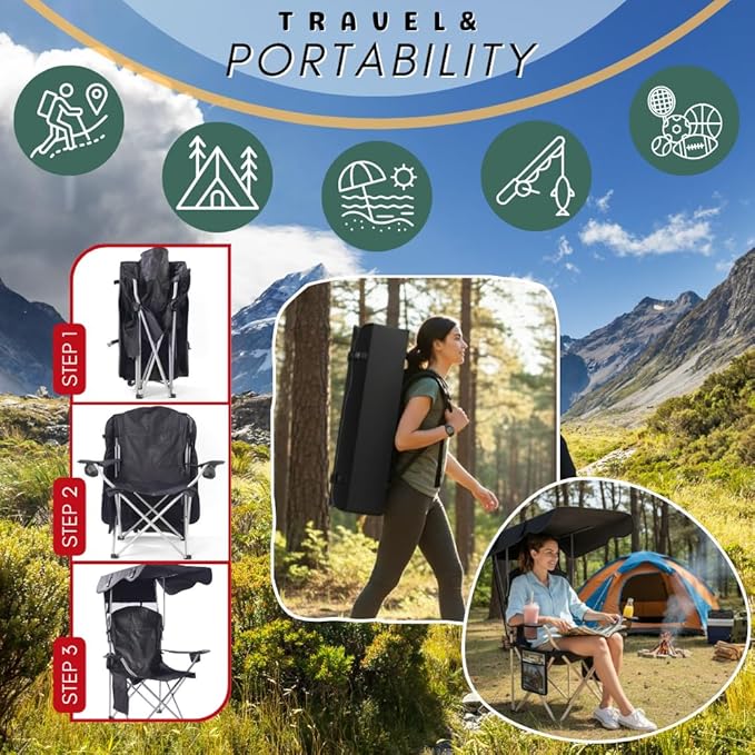 Portable Folding Camping Chairs with Canopy Shade, Beach Chair for Adults, Durable Weather Resistant 600D Oxford Cloth, Camping Chair with Canopy for Outdoors [Black-2 Pack]