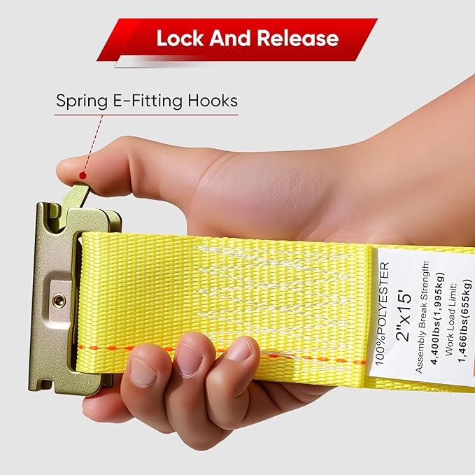 8-Pack E-Track Ratchet Straps, 4,400 LB Breaking Strength, 2" x 15' E-Track Tie Downs-2 Inch x 11.48 Feet ETrack Straps with 4 Feet Fixed End and Spring E-Fittings Yellow Logistic Ratchet Straps