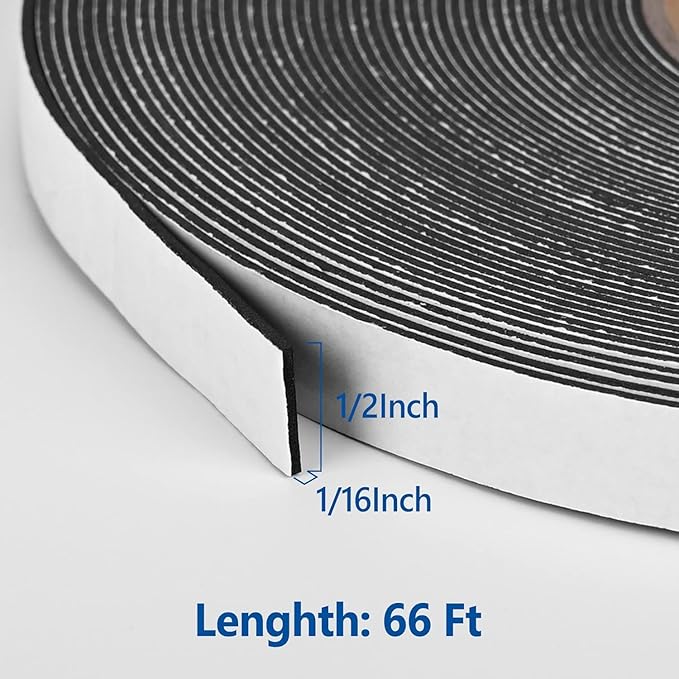 Kikerike Self Adhesive Foam Tape Weatherstrip 1/2In x 1/16In x 66Ft High Density Foam Insulation Strips Seal Weather Stripping with Strong Adhesive for Door and Window Sound Isolation Soundproofing