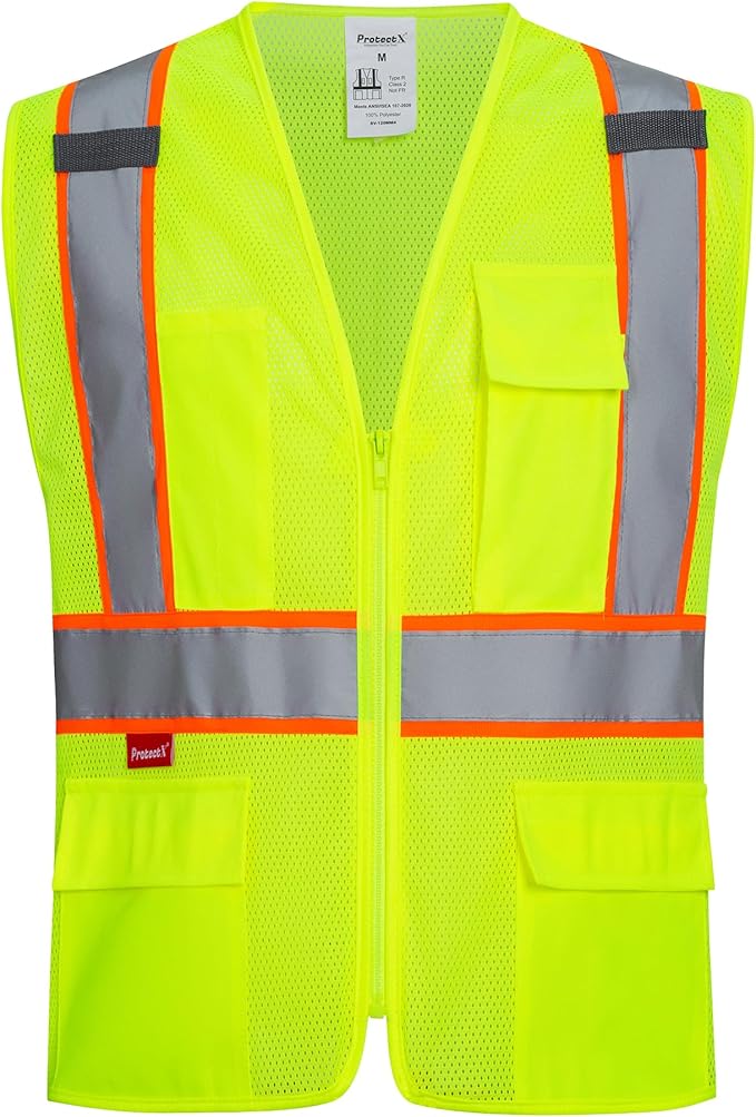 ProtectX Safety Vest for Men Women ANSI Class 2 High Visibility Mesh Reflective Construction Vest with 4 Pockets