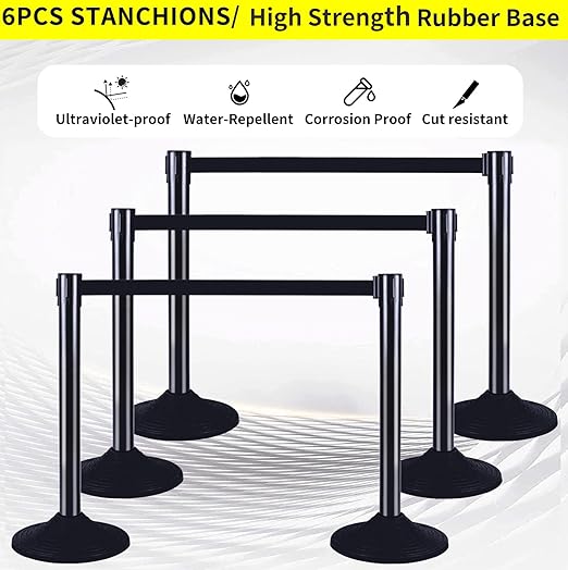 6PACK BESEA Crowd Control Stanchions Set Heavy Duty Crowd Control Barriers with 10' FEET Black Retractable Belt, Rubber Base(6PACK)