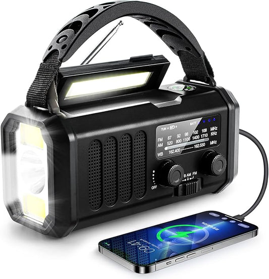 Emergency NOAA Weather Radio, 10000mAh/37000mWh,Solar Hand Crank Radio with AM/FM, Flashlight & Reading Light, Rechargeable Battery,SOS Alarm, Cell Phone Charger for Indoor Outdoor Emergency