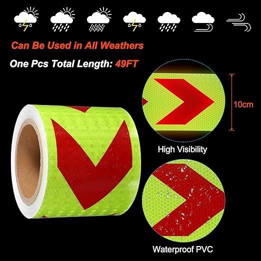 PATIKIL Reflective Tape, 4 Inch x 49 ft Waterproof Self Adhesive High Visibility Safety Warning Arrow Tape Outdoor Reflectors for Trucks Trailers Cars, Yellow Red