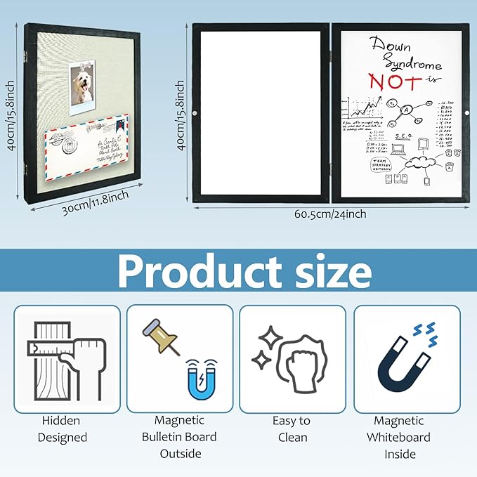 Magnetic Dry Erase Hidden Whiteboard with Black Wooden Frame, Gray Fabric Bulletin Board Exterior and Whiteboard Interior, 11.8x15.7inch (30x40cm)