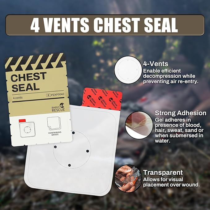 RHINO RESCUE Vented Chest Seal, 4 Vents, Sterile Emergency Trauma Dressing, Occlusive Adhesive Pad, IFAK Trauma Refill Medical First Aid Supplies for Wound Care, Gunshot Wound, Sucking Chest(20 Count)