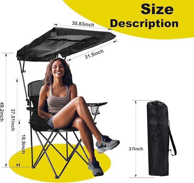 YOUNG WOOD Camping Chair with Canopy, Beach Chair with Shade,Portable,Lightweight Oversized for All, Easy to Open and Close Without Installation, Side Pocket Design for All Outdoor Activities，Black