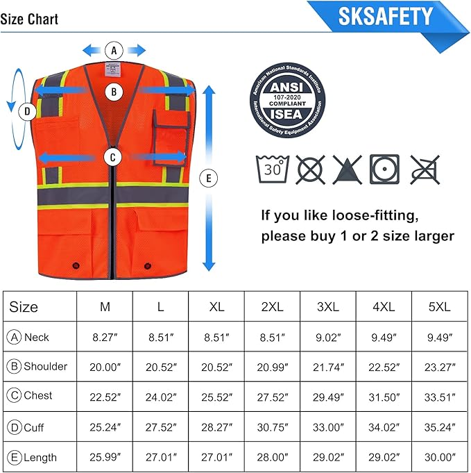 SKSAFETY 10 Pockets Safety Vest, Class 2 High Visibility Security with Zipper Double-sided mesh, Hi Vis Vest with Reflective Strips, ANSI/ISEA Standard, Construction Work Vest （Orange, 3XL）