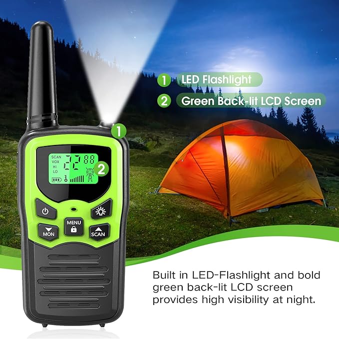 MOICO Walkie Talkies for Adults with 22 FRS Channels, LED Flashlight, VOX Scan LCD Display, Long Range Family Walkie Talkie Radios for Hiking Camping Trip (Green)