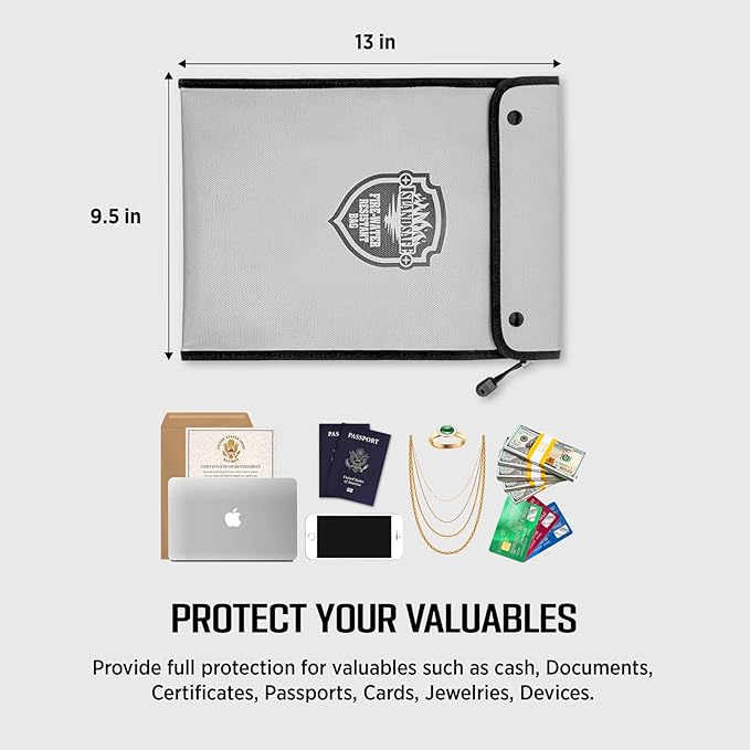 Fireproof Document Bag, Waterproof Money Bag Pocket with Zipper Closure, Storage Pouch for Valuables, A4 A5 Document File, Cash, Credit Card, Passport (Grey, small+big set)