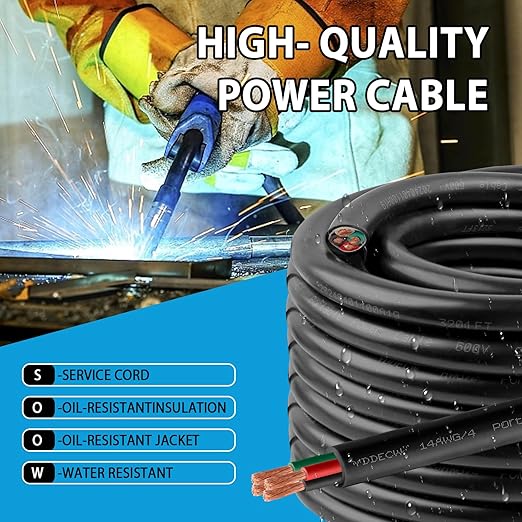 50ft 14/4 14 AWG Portable Power Cable (4 Conductor) - SOOW 600V 14 Gauge Electric Wire for Motor Leads, Portable Lights, Battery Chargers and Machinery - 4 Conductor - 50 Feet Electrical Cord