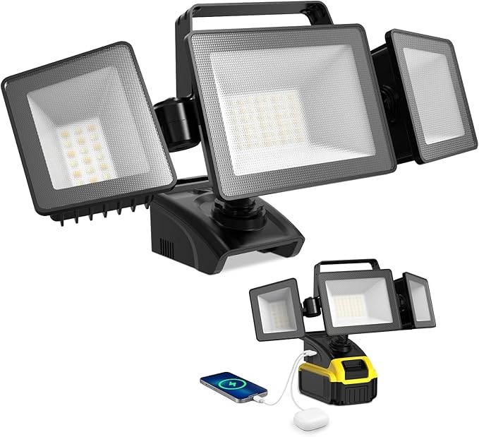 ALUSSO® LED Work Light for Dewalt Battery 18W/27W/36W Adjustable, 3000K/4000K/6500K Worklight with USB&Type C Charging Port, Portable 3 Heads Rotation Outdoor Lamp for Job Site, Fishing, Construction