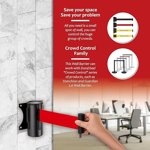 DuraSteel Wall Mount Crowd Control Retractable Belt Barrier - 9.2 Ft Red Retractables Barrier Belt, Crowd Control Barriers Do Not Enter Line Dividers for Crowds NOT Stanchions with Retractable Belts