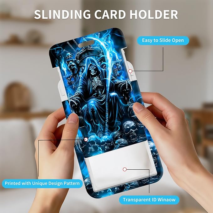 ID Badge Holder with Retractable Lanyard for Women & Men,Vertical ID Card Holder Wallet,Clear Window&Card Slot,Detachable Neck Strap for Nurse Teacher Office,Blue Fire Skull Spirit Rider