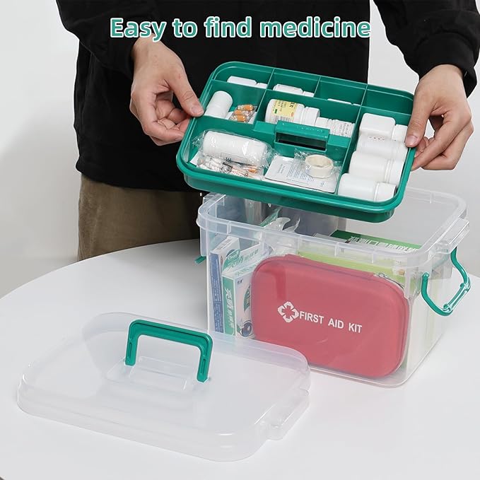 Medical Box, Plastic First Aid Storage Box, Emergency Supplies Medicine Organizer with Handle/Detachable Tray, Clear