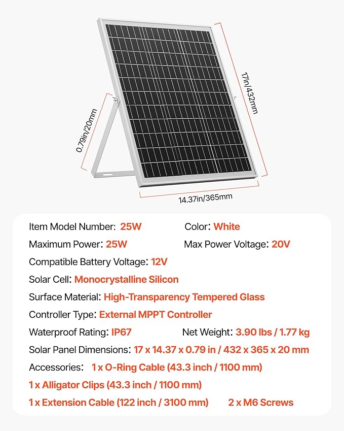 VEVOR 25W 12V Solar Panel Battery Charger, Solar Battery Trickle Charger Maintainer with Intelligent MPPT Controller & Adjustable Mount Bracket, IP67 Waterproof for Car Boat RV Motorcycle Trailer