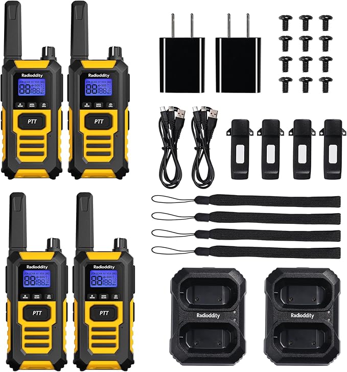 Radioddity HD-1 IP67 Waterproof Floating Walkie Talkies, Heavy Duty Long Range Two Way Radio w/ 2400mAh Battery One-Key Group Call, Vibrate Alert, SOS, Dual PTT, for Construction Hunting, 4 Packs