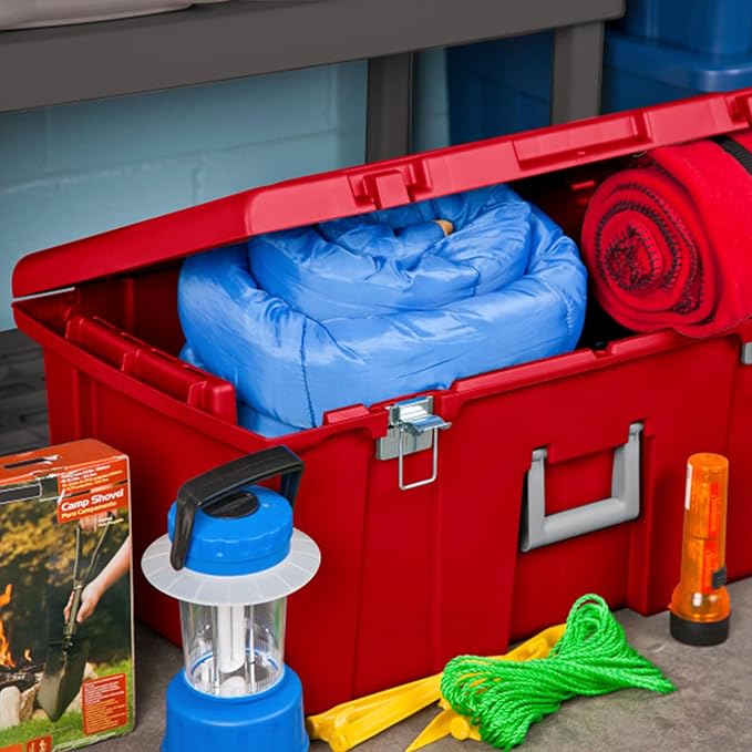 Sterilite 4 Pack Wheeled Footlocker, Lockable Plastic Utility Storage Container, Red