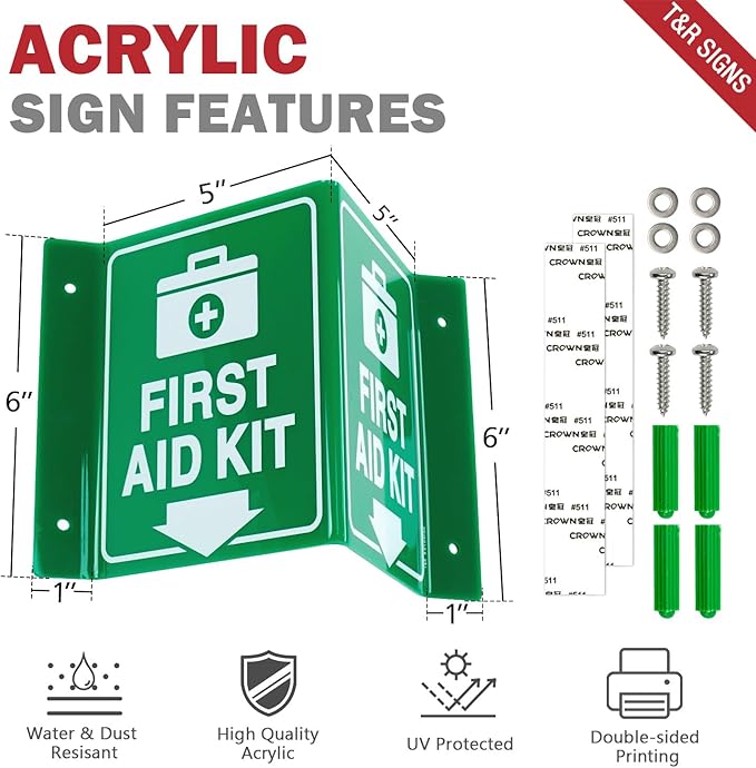 T&R First Aid Kit Sign, First Aid Kit with Down Arrow - 4 Pack - 8 x 6 Inches Acrylic, 4 pre-drilled holes, Includes Matching Screws, Use for Office/Business