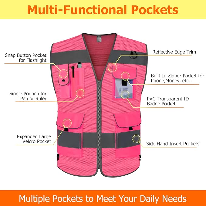 TCCFCCT Mesh Pink Safety Vest for Men Women 9 Pockets High Visibility Reflective Vest for Safety, Work Vest with Reflective Strips, Meets ANSI/ISEA Standards, Large