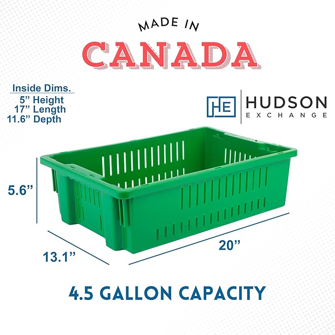 Hudson Exchange 20 x 13 x 5.6" (4.5 Gallon) Agricultural Nest and Stack Vented Crate Handled Storage Container Tote, Green (4 Pack)