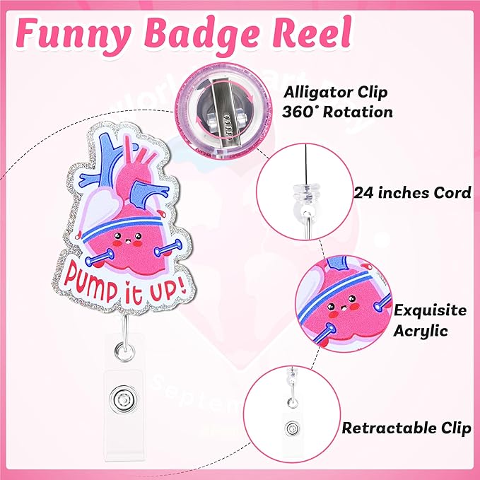 Pump It Up Heart Badge Reel with Alligator Clip Funny ID Badge Holders Cute RN LPN CNA MA PCT Badge Buddy Nursing Medical Students Nurse Accessories for Work