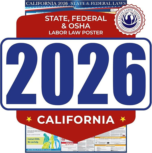 2026 California State and Federal Labor Law Poster - English Version - OSHA Workplace Compliant - Mandatory Regulations All-in-One Required Compliance Posting for Employees 17" x 40" Laminated (English)