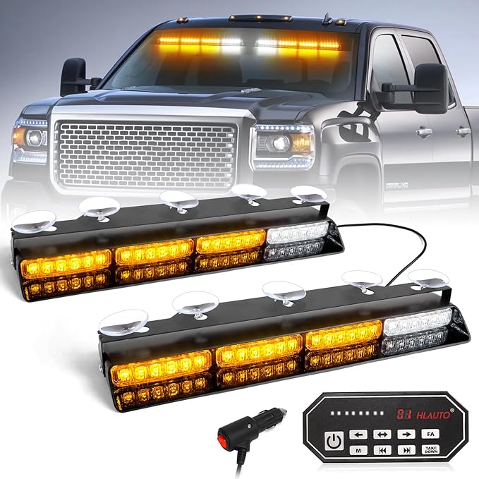 HLauto 604N Emergency Dash Strobe Lights: 2x16.8 inch Amber Security Light w/Take Down, 48 LED Safety Flashing Warning Hazard Interior Windshield Visor Light Bar for Trucks Vehicles