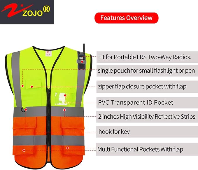 zojo High Visibility Safety Vests With Pockets,Pack of 10,Wholesale Reflective Vest for Outdoor Works, Cycling, Jogging, Walking,Sports - Fits for Men and Women (2XL-Mix Yellow & Orange)