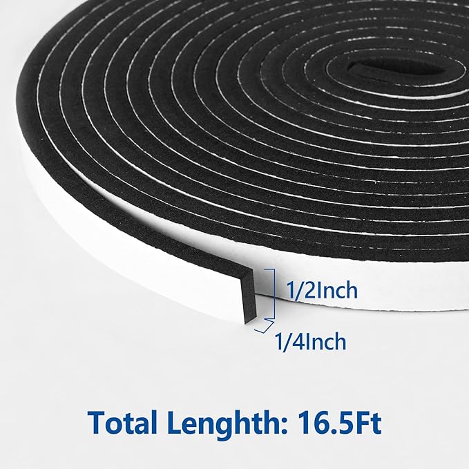 Kikerike Self Adhesive Foam Tape Weatherstrip 1/2In x 1/4In x 16.5Ft High Density Foam Insulation Strips Seal Weather Stripping with Strong Adhesive for Door and Window Sound Isolation Soundproofing
