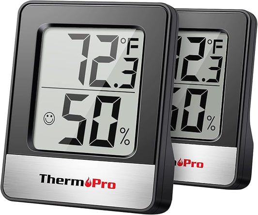 ThermoPro TP49 2 Pieces Digital Hygrometer Indoor Thermometer Humidity Meter Room Thermometer with Temperature and Humidity Monitor Mini Hygrometer Black Weather Station