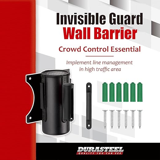 DuraSteel Wall Mount Crowd Control Retractable Belt Barrier - 9.2 Ft Red Retractables Barrier Belt, Crowd Control Barriers Do Not Enter Line Dividers for Crowds NOT Stanchions with Retractable Belts