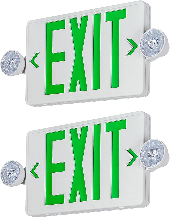 Exit Sign with Emergency Light, Ultra Slim, Green LED Exit Light, Exit Signs With Battery Backup, 2 Adjustable Emergency Lighting, Hardwired 120V/277VAC, UL-Listed, 2 Pack