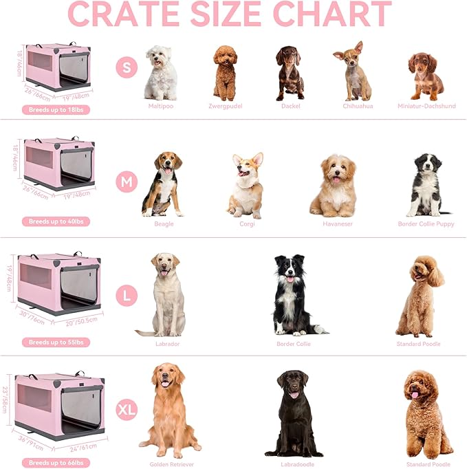 PETSFIT Soft Dog Crate, with Patented Adjustable Fabric Cover, Chewproof & Lockable Mesh Doors, Waterproof Base Collapsible Kennel Pink 30 Inch