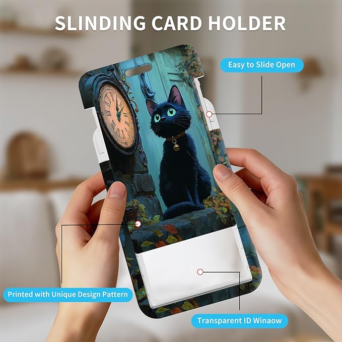 ID Badge Holder with Retractable Lanyard for Women & Men,Vertical ID Card Holder Wallet,Clear Window&Card Slot,Detachable Neck Strap for Nurse Teacher Office,Clock Cat Fantasy