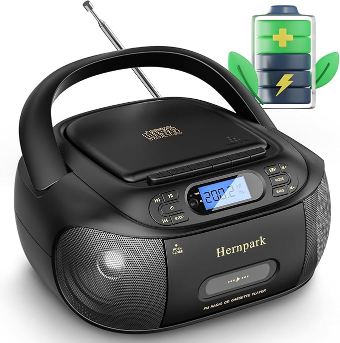 CD Cassette Player Combo, Hernpark Rechargeable Boombox with Bluetooth 5.1, Tape Recording, FM Radio, Super Bass, Stereo Sound, Aux/USB Drive, Headphones Jack, Boom Box for Indoor Outdoor
