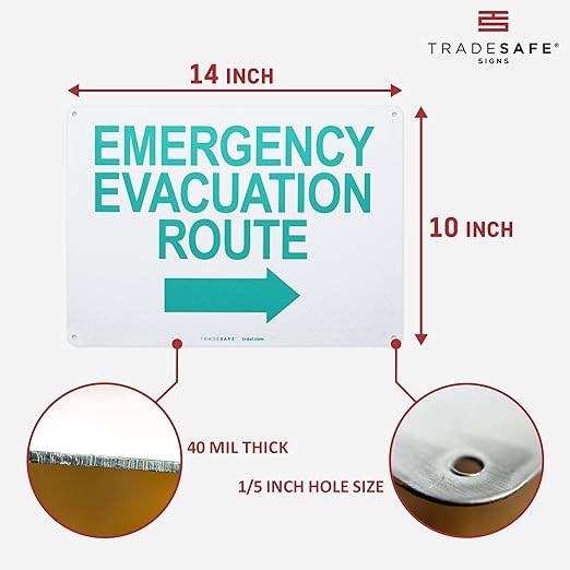 TRADESAFE Emergency Evacuation Route Arrow Right Sign – Wall Signs, Quick Install Aluminum Safety Sign, Light Reflective, UV-Resistant, Waterproof, 14” X 10” Signs for Business