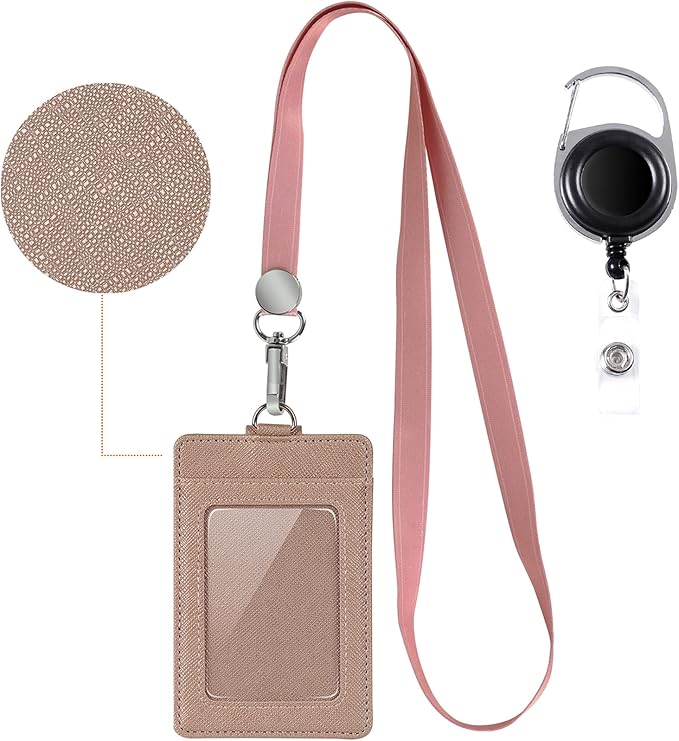 Life-Mate Badge Holder - Leather ID Badge Card Holder Wallet Case with 3 Cards Slot and Neck Lanyard/Strap. Additional Retractable Badge Reel with Belt Clip (Rose Gold)