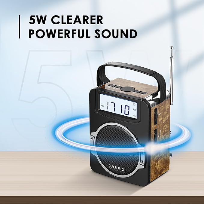 Radio Portable AM FM Digital Radios Clock Radio with Bluetooth 5 Watts Loud Speaker Rechargeable AM FM Radios Plug in Wall Battery Operated Best Reception for Home Outdoor Great Retro