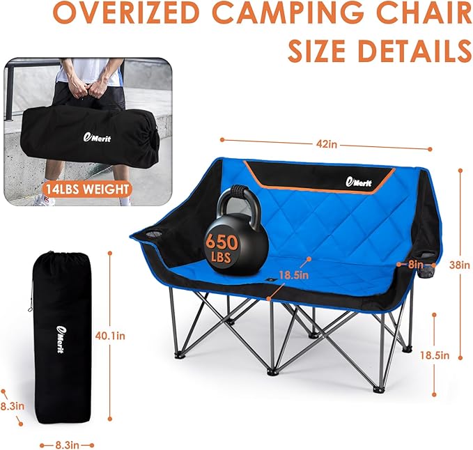EMERIT Double Camping Chair Oversized Padded for Adults, Heavy Duty Folding Loveseat for Outdoor, Camping, Beach, Lawn, Concert 650LB