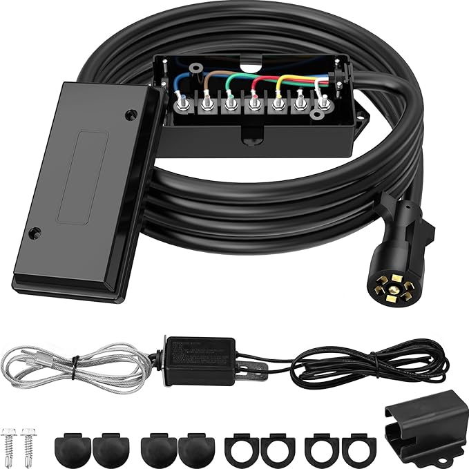 RVGUARD 7 Way 16 Foot Trailer Cord with 7 Gang Junction Box Kit, Include 12V Breakaway Switch and Plug Holder, Trailer Connector Cable Wiring Harness with Waterproof Junction Box